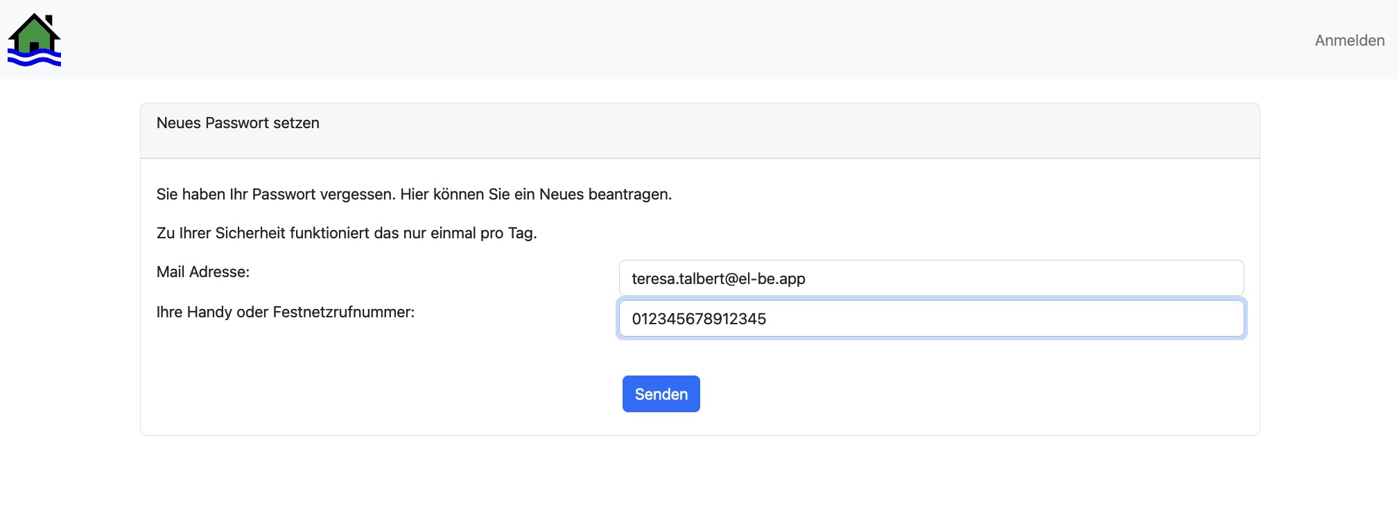 el-be.app Passwort vergessen - Telefonnummer
