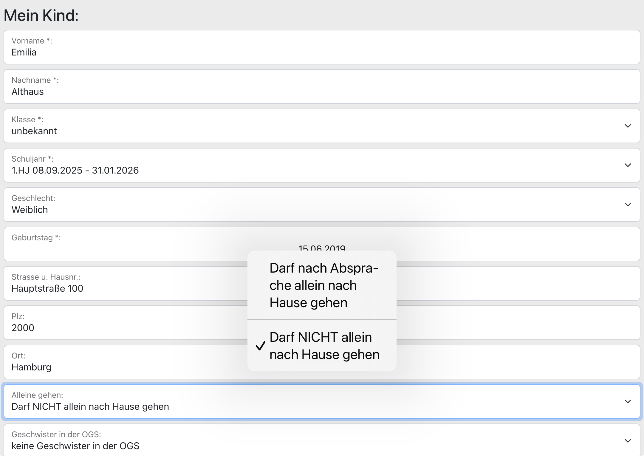 el-be.app Registrierung Mein Kind - Darf nach Absprache allein nach Hause gehen