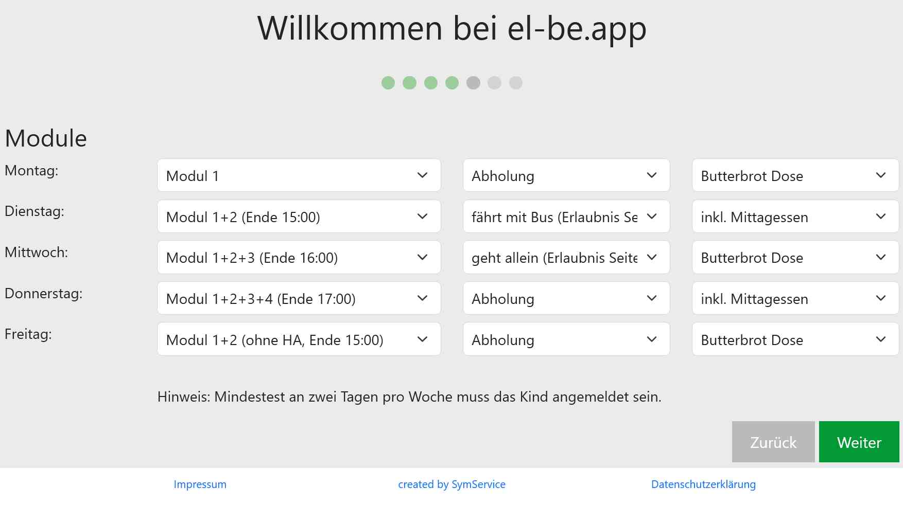 el-be.app Registrierung Module Auswahl